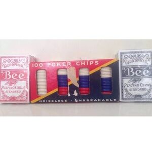 Vintage Dennison Box of 100 Poker Chips & 4 Packs Of Bee Playing Cards